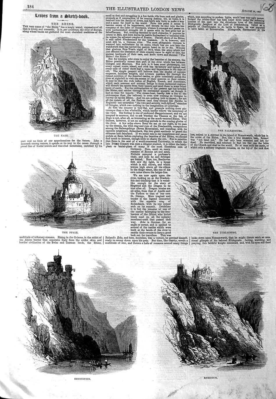 Old Antique Print 1864 Rhine Rheinstein Falkenburg Katz Pfalz Lurleiberg 19th