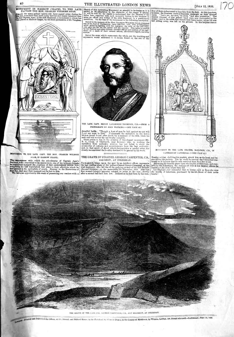 Original Old Antique Print 1856 Grave George Carpenter Inkerman Thompson Agar