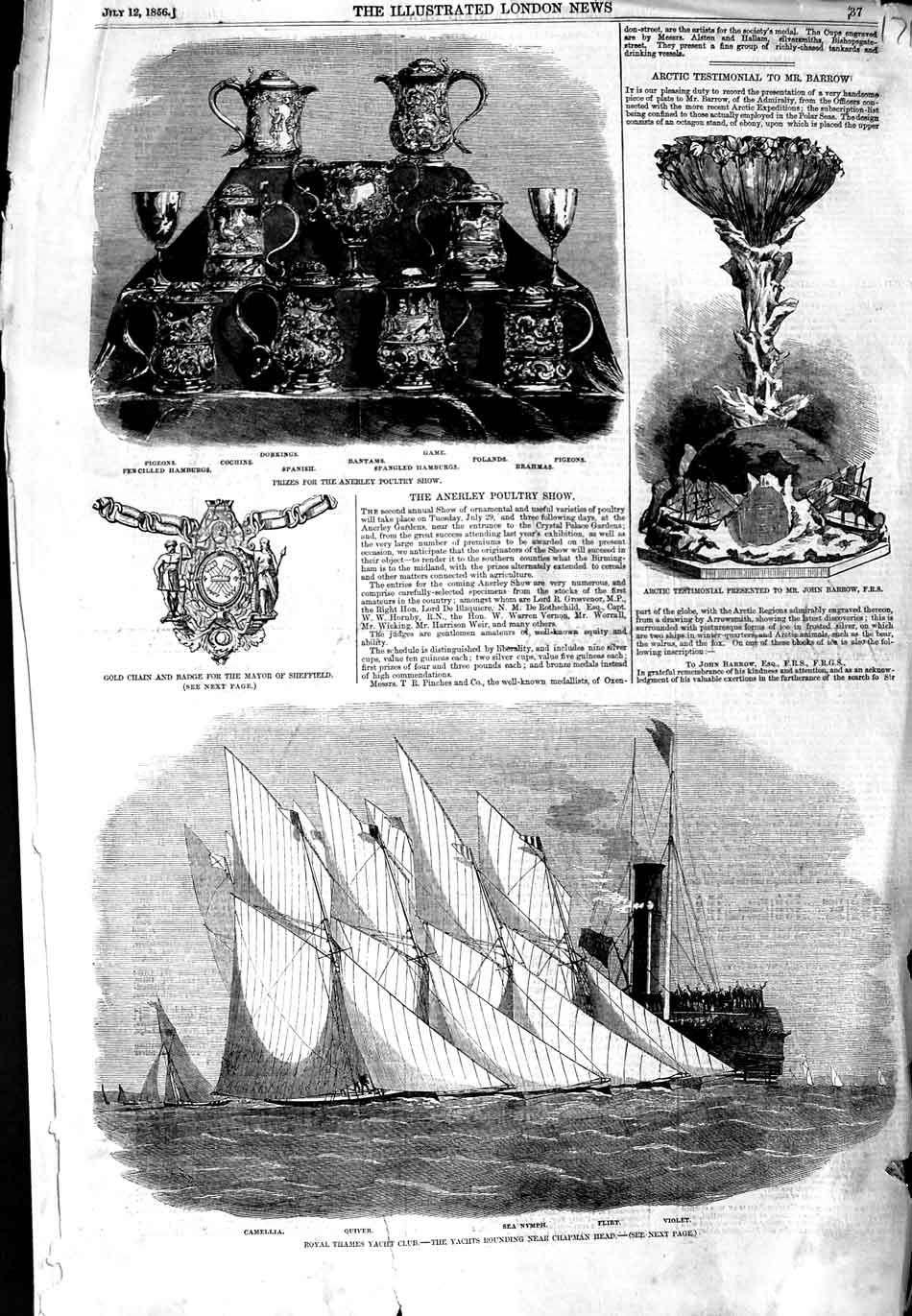 Original Old Antique Print 1856 Thames Yacht Club Flirt Violet Anerley Poultry