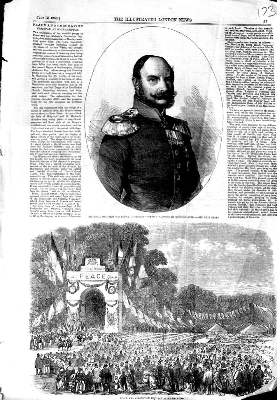 Original Old Antique Print 1856 Prince Prussia Coronation Festival Southampton
