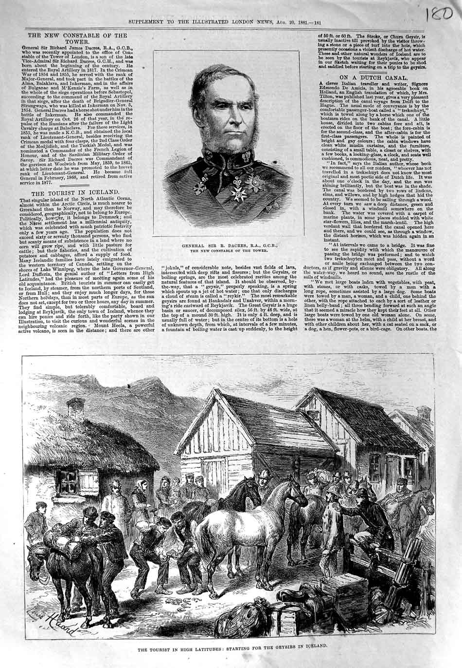Old Antique Print 1881 General Dacres Constable Tourists Geysirs Iceland 19th