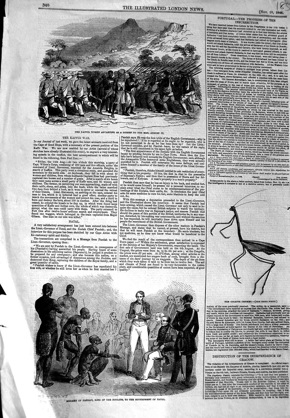 Original Old Antique Print 1846 Kaffir War Women Shield Embassy Pandah Zoolahs