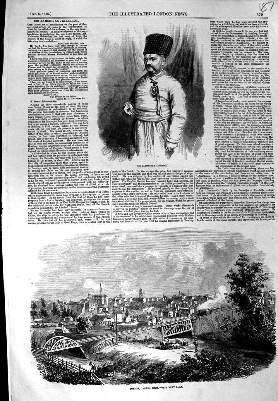 Old Antique Print 1856 Sir Jamsetjee Jejeeboy London Canada Railway Train 19th