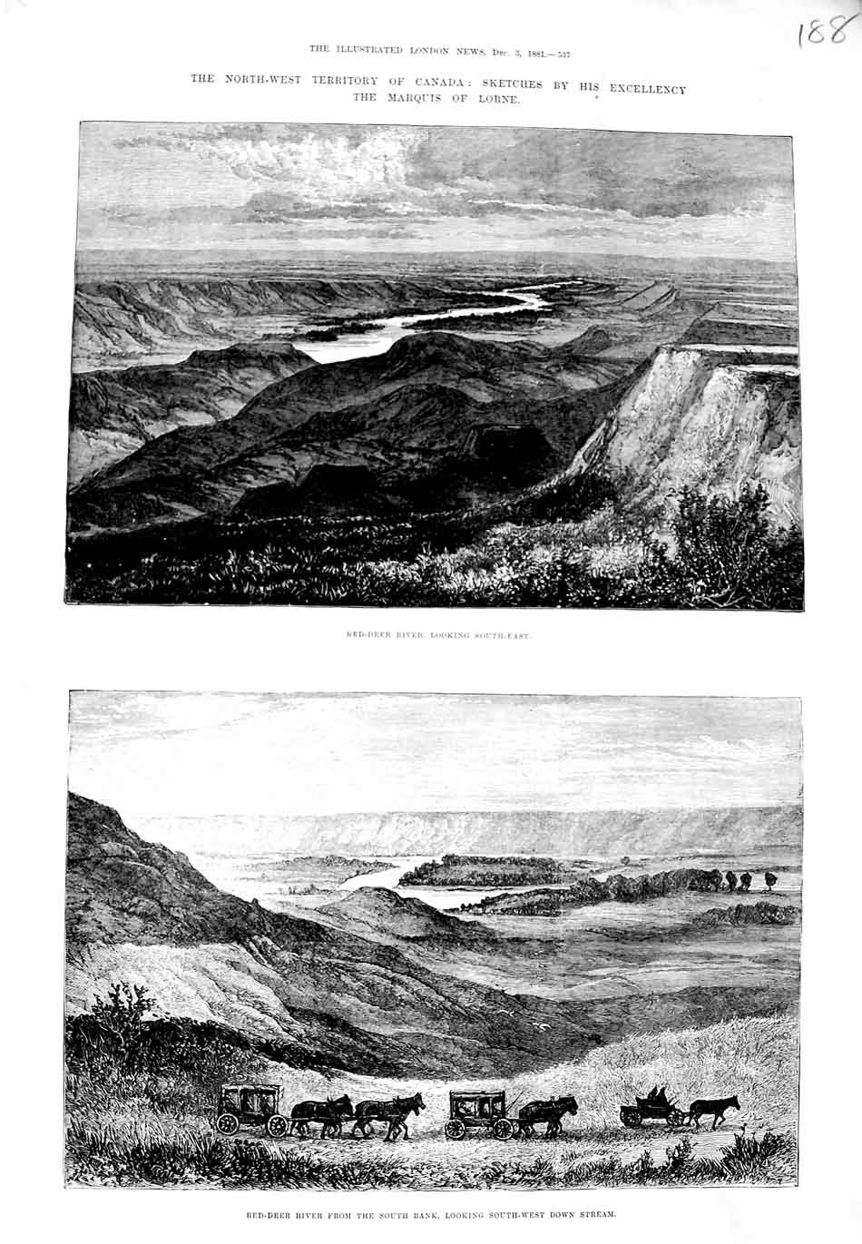 Original Old Antique Print 1881 Canada Red-Deer River Marquis Lorne Sketches