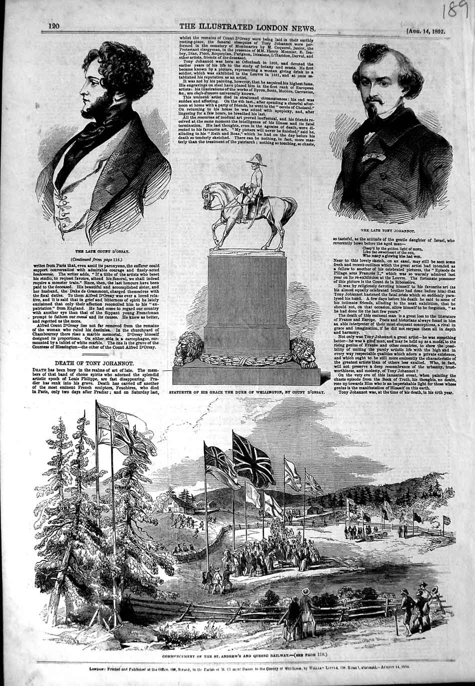 Original Old Antique Print 1852 Count D.Orsay Johannot Quebec Railway Canada