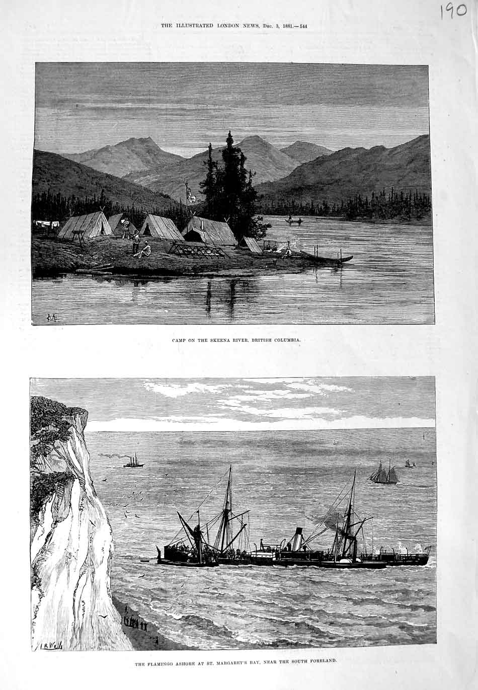 Old Antique Print 1881 Camp Skeena River Columbia Flamingo Ship Margaret 19th