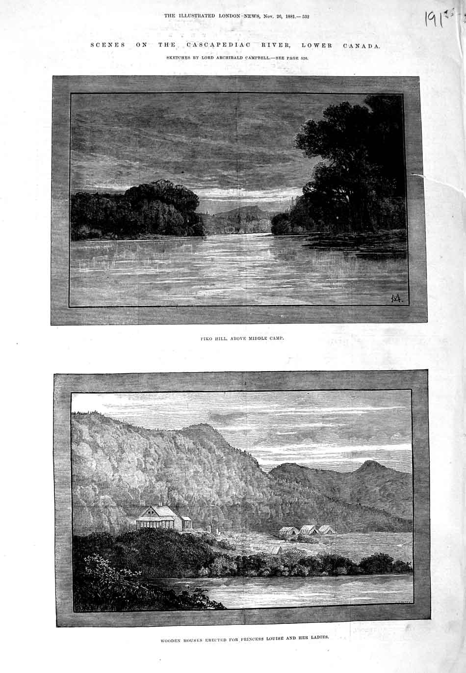 Old Antique Print 1881 Piko Hill House Princess Louise Cascapediac Canada 19th