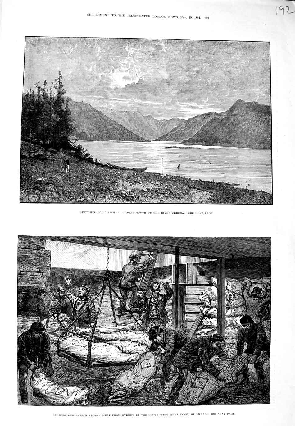 Old Antique Print 1881 British Columbia River Skeena Frozen Meat Millwall 19th