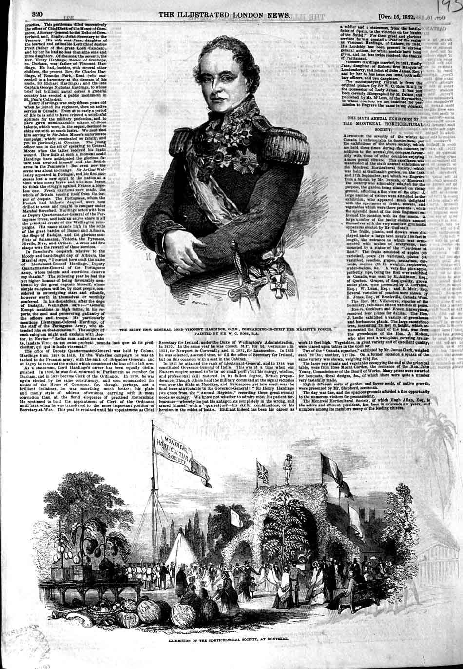 Old Antique Print 1852 Lord Viscount Hardinge Horticultural Show Montreal 19th