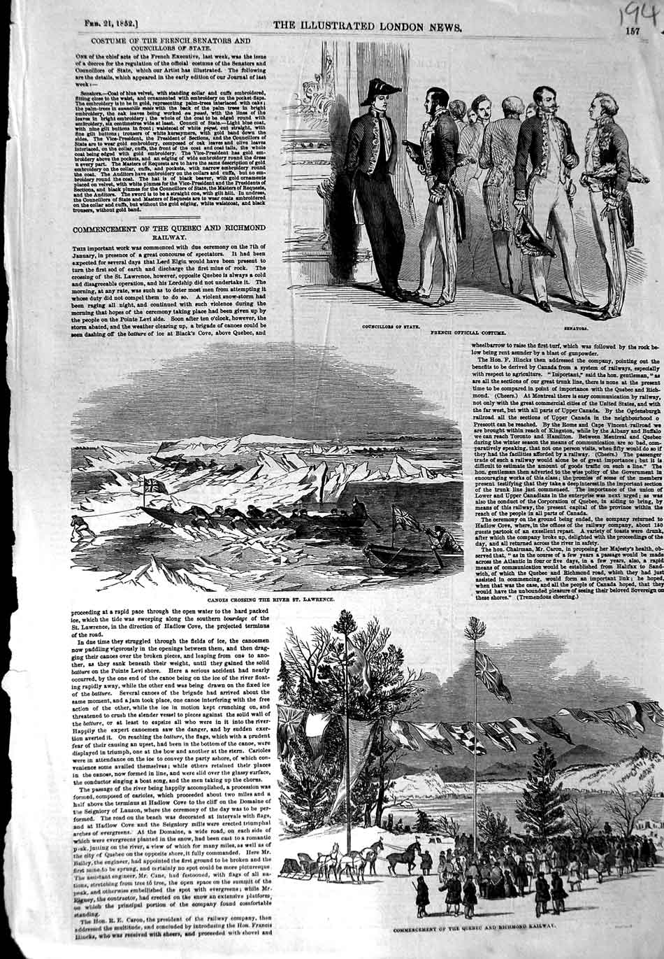 Original Old Antique Print 1852 French Costume Senators Canoes Lawrence Quebec