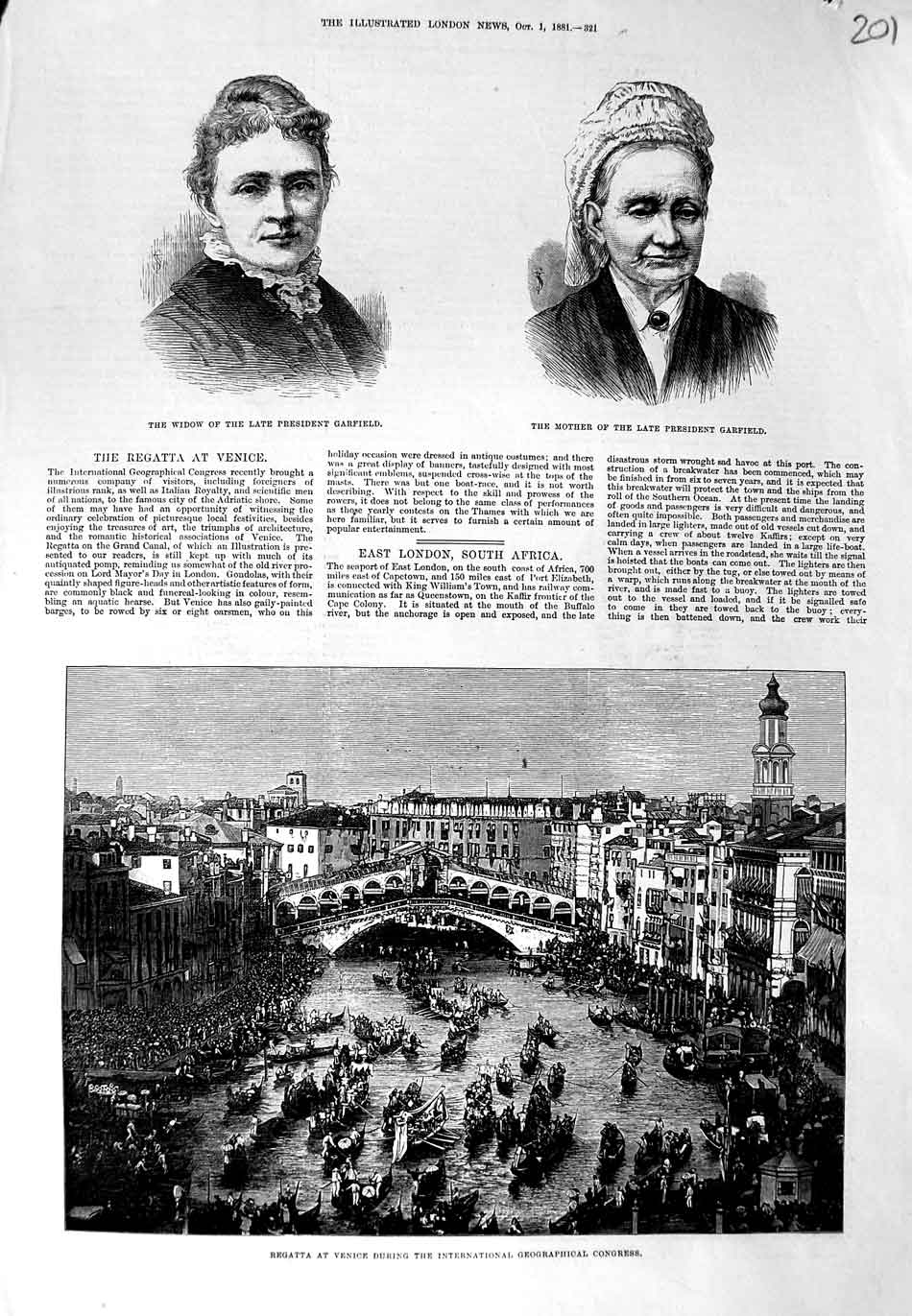 Old Antique Print Regatta Venice Canal Boats 1881 Widow Garfield Mother 19th