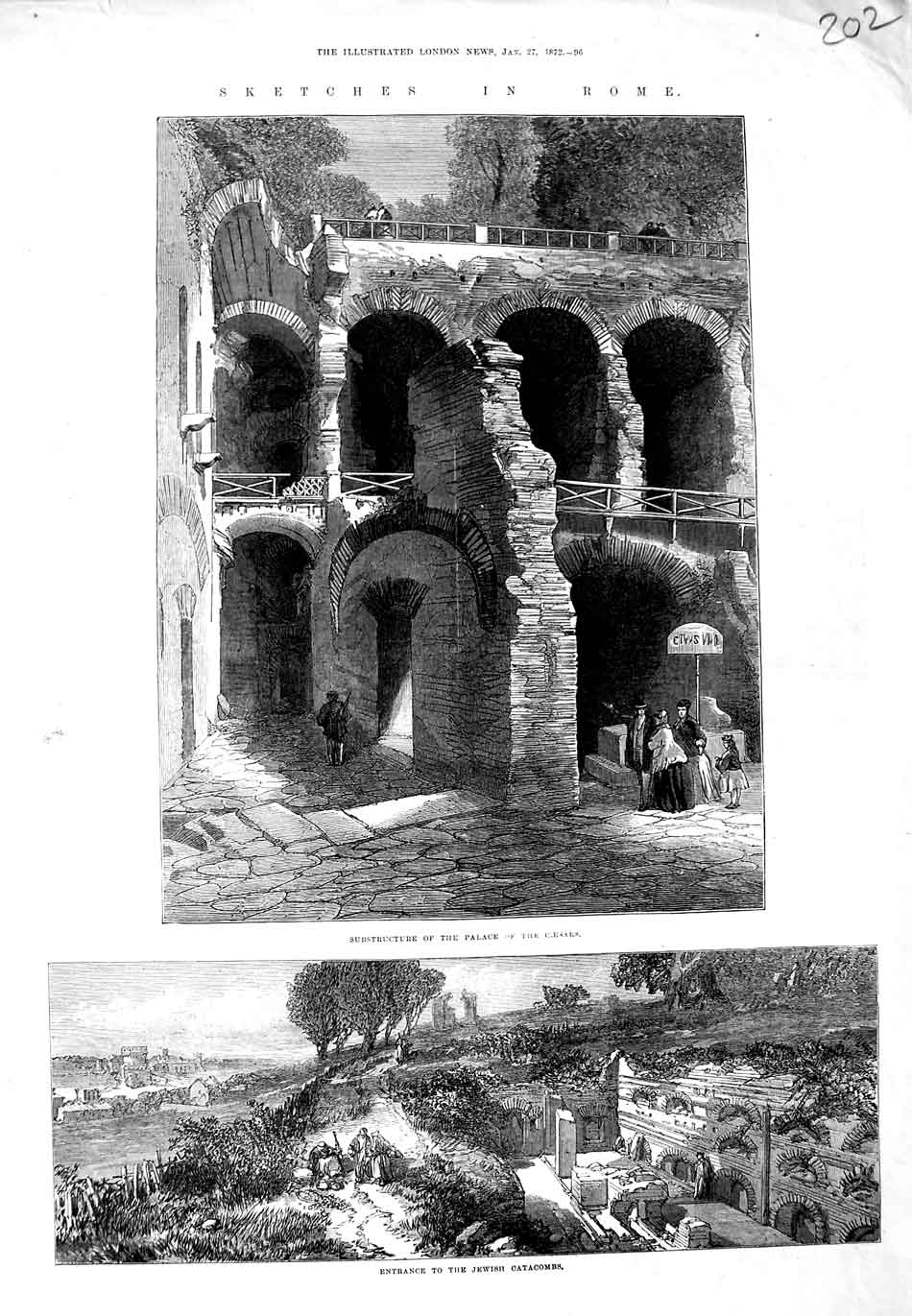 Old Antique Print 1872 Rome Substructure Palace Caesars Jewish Catacombs 19th