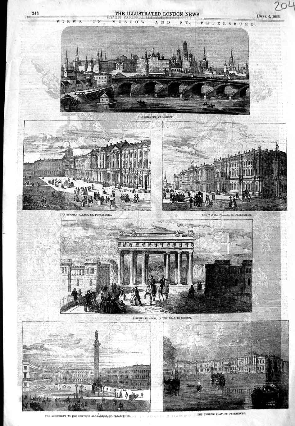 Old Antique Print 1856 Moscow Kremlin Winter Palace Petersburg Alexander 19th