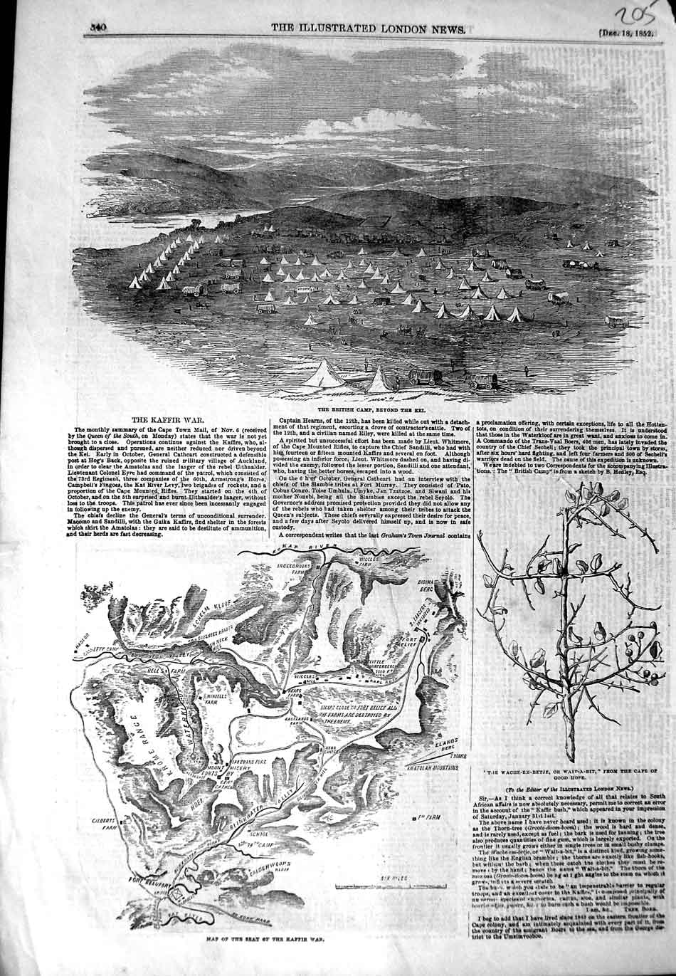 Original Old Antique Print 1852 British Camp Kaffir War Map Wache-Em-Betje Cape