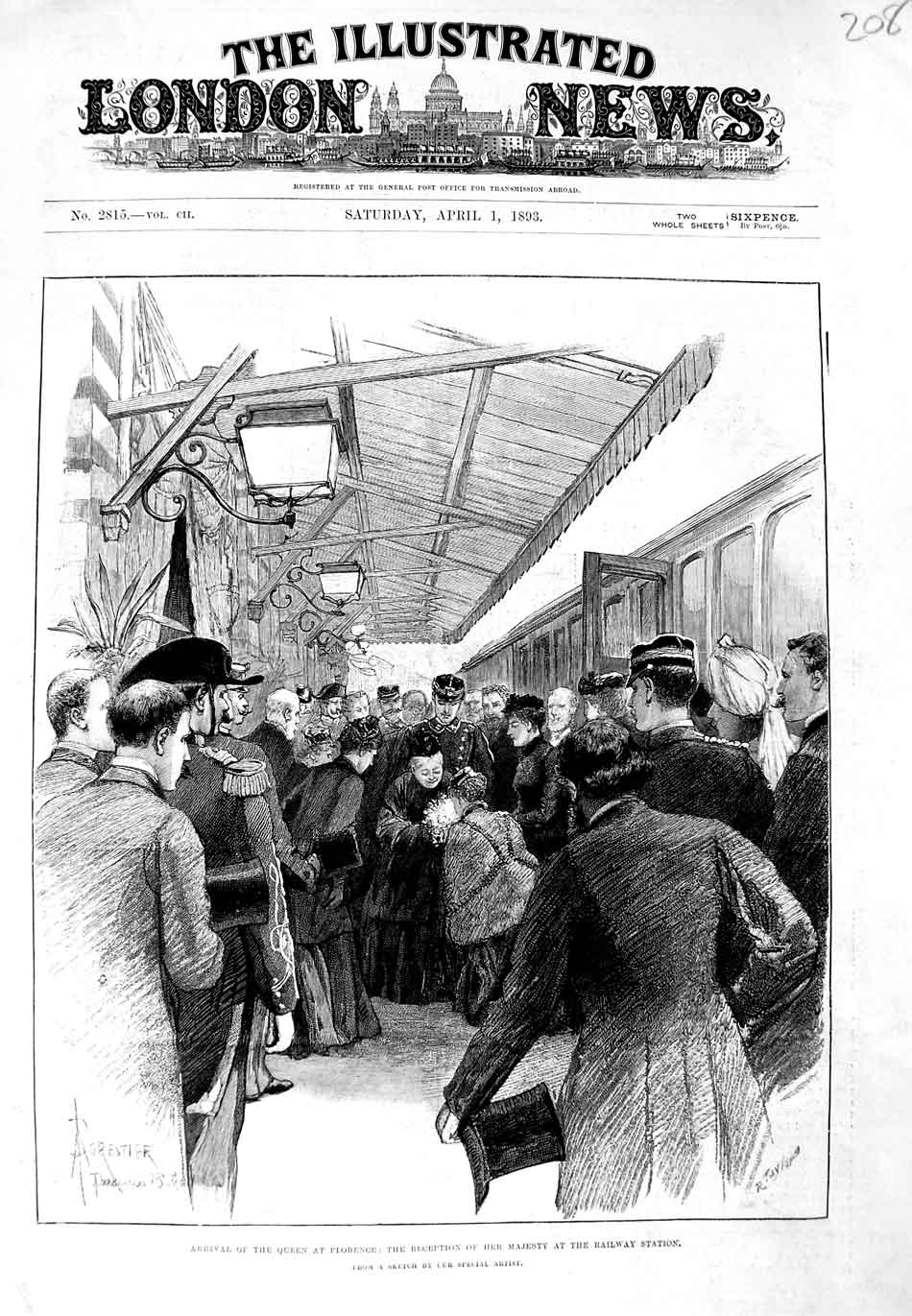 Old Antique Print 1893 Arrival Queen Florence Reception Railway Station 19th
