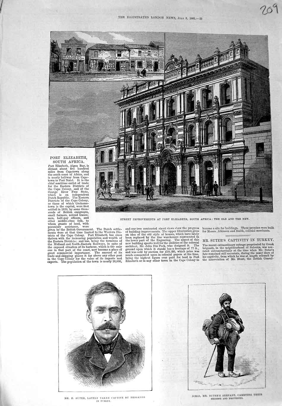 Old Antique Print Port Elizabeth Africa Building 1881 Suter Jorgi Servant 19th
