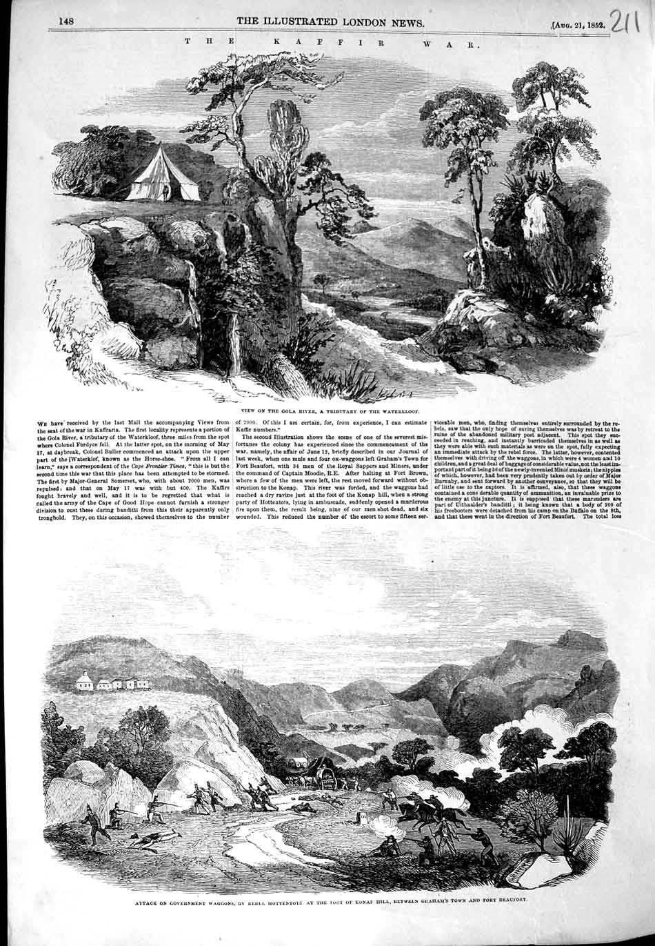 Old Antique Print 1852 Kaffir War Gola River Battle Hottentots Konap Hill 19th