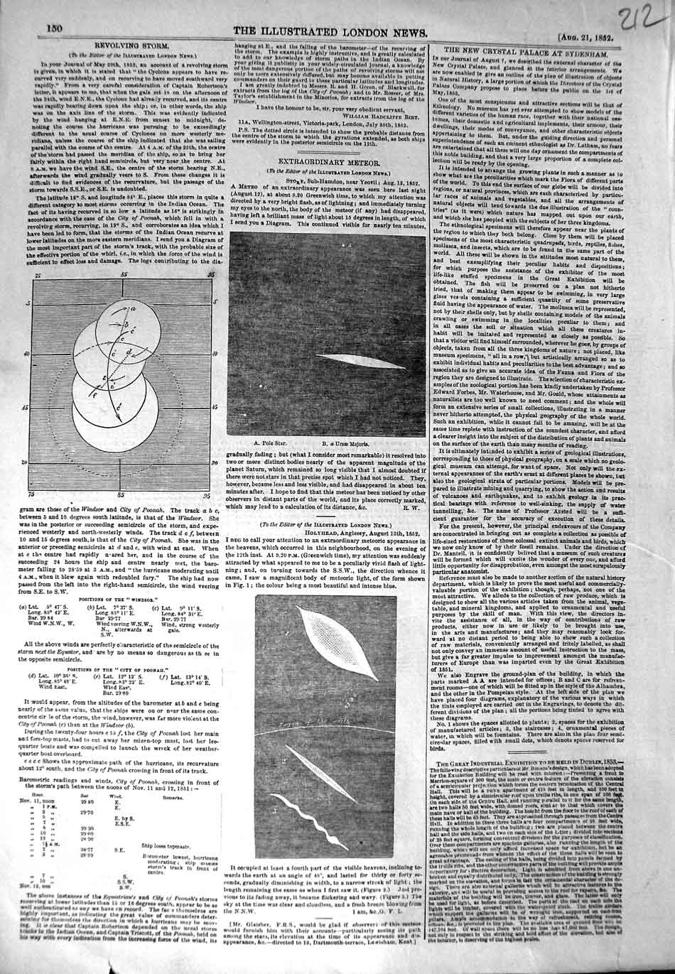Original Old Antique Print 1852 Diagram Revolving Storm Meteor Yeovil Holyhead