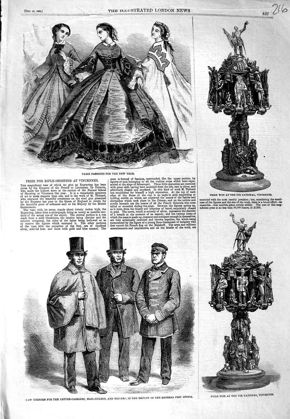 Old Antique Print 1860 Post Office Uniform Prize Vincennes Tir National 19th