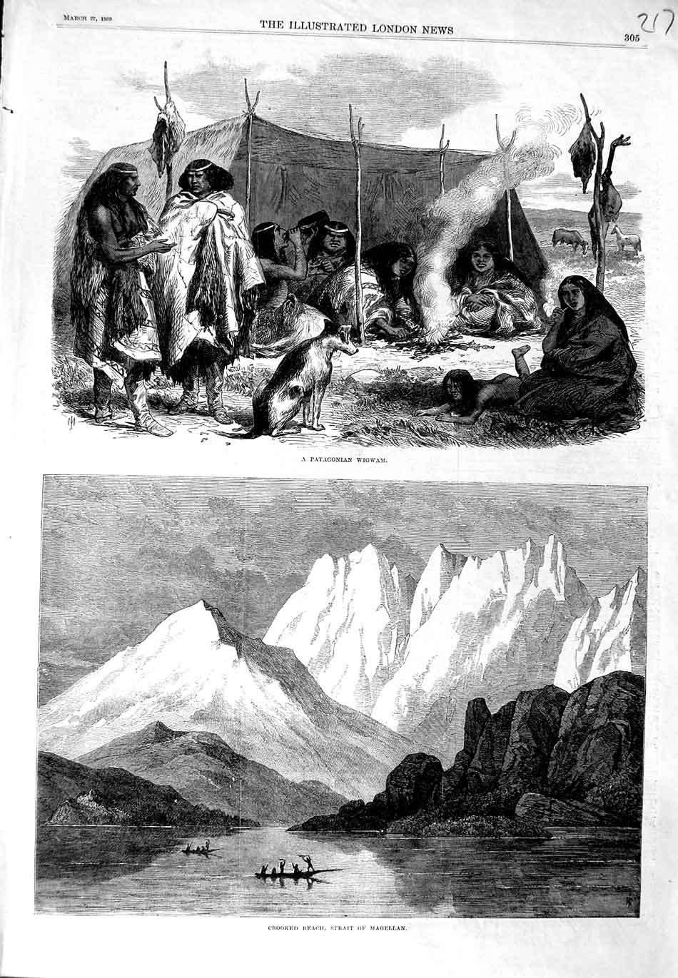Original Old Antique Print Croked Reach Strait Magellan 1869 Patagonian Wigwam