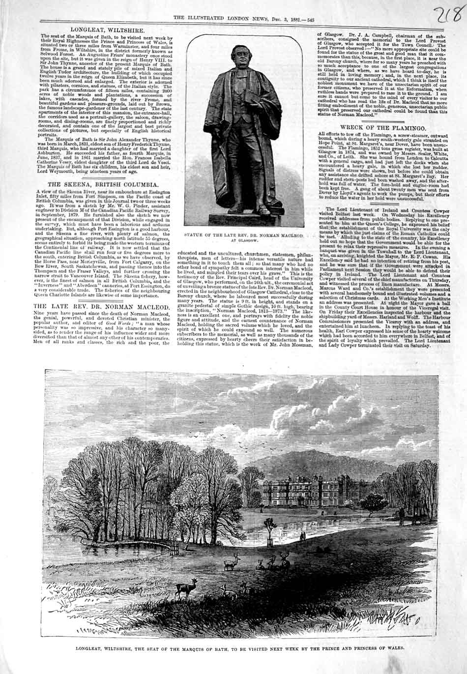 Original Old Antique Print Statue Norman Macleod 1881 Longleat Wiltshire Bath