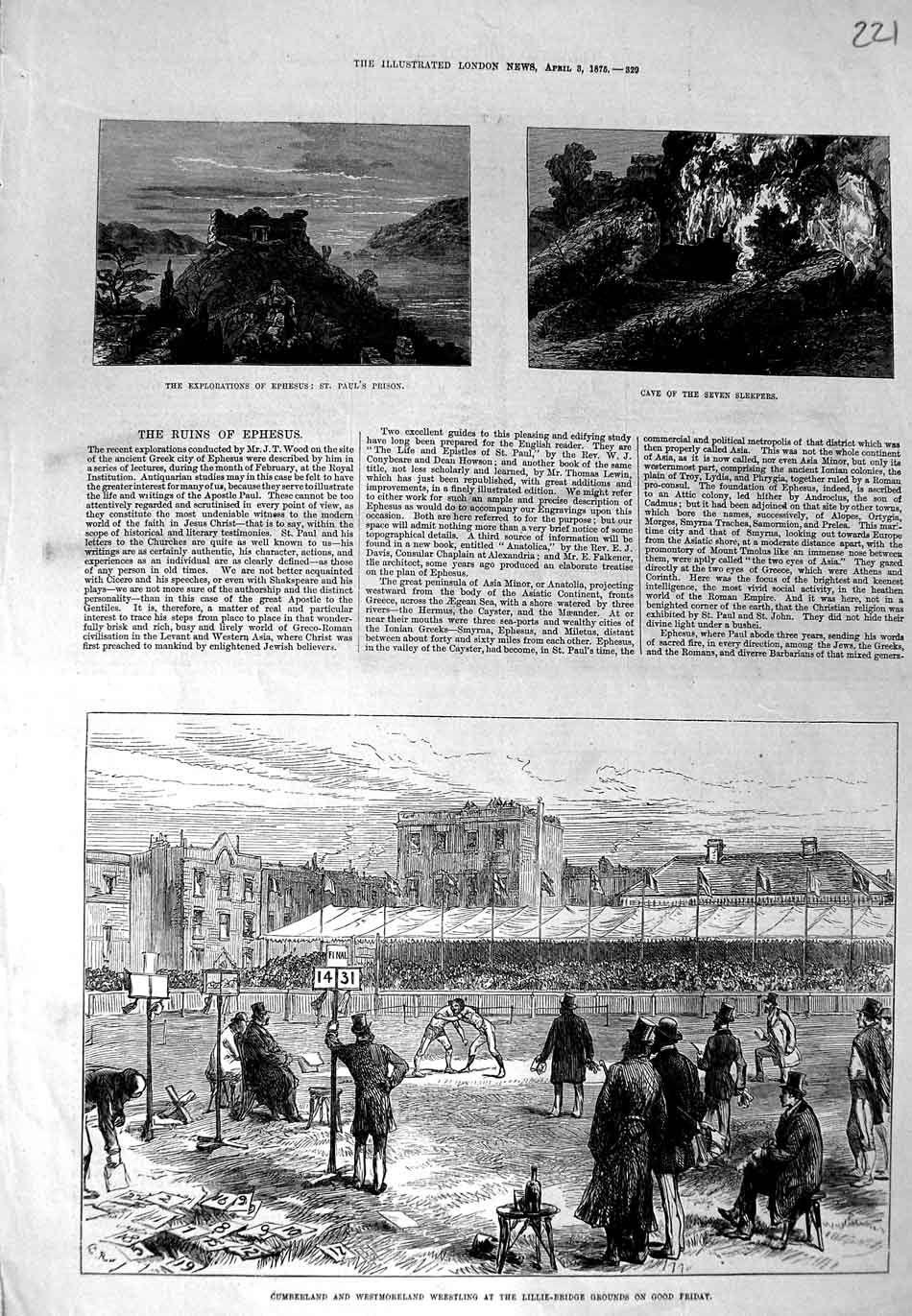 Original Old Antique Print 1875 Ephesus Cave Sleepers Lillie-Bridge Wrestling