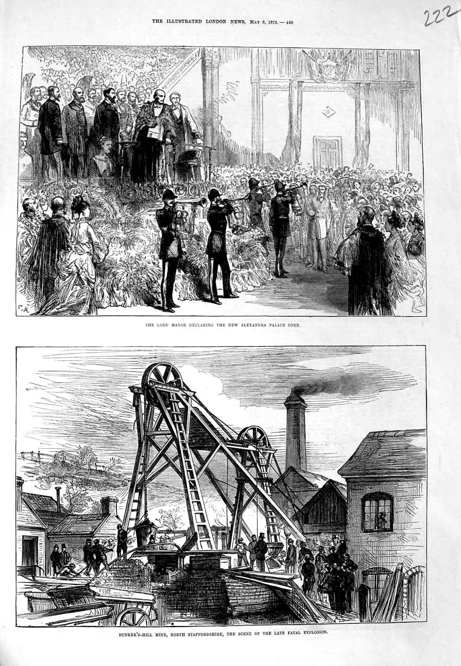Old Antique Print 1875 Lord Mayor New Alexandra Palace Bunker'S Hill Mine 19th