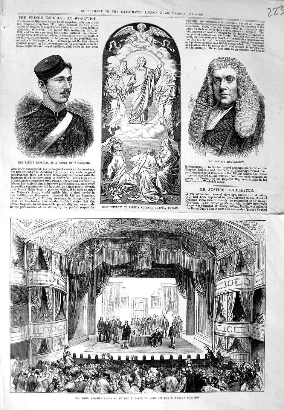 Original Old Antique Print 1875 John Mitchel Theatre Cork Ireland Huddleston