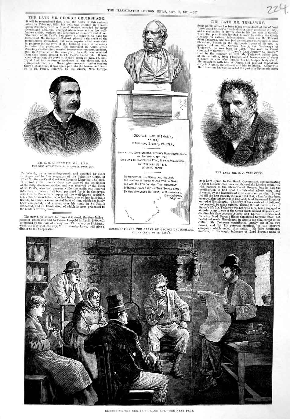 Original Old Antique Print Christie Trelawny Monument Cruikshank 1881 Ireland
