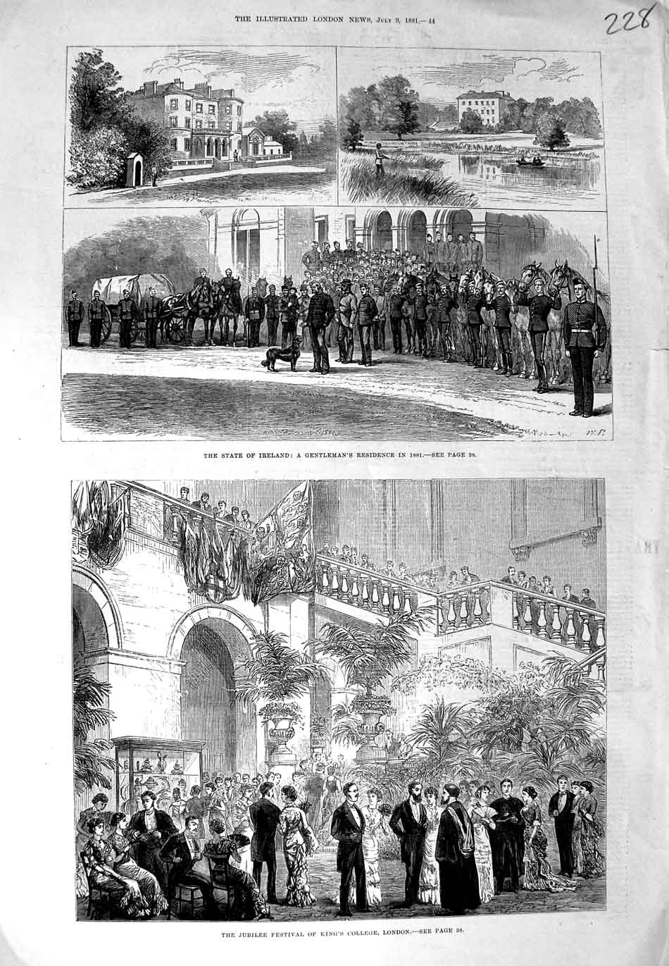 Original Old Antique Print Jubilee Festival King'S College London 1881 Ireland