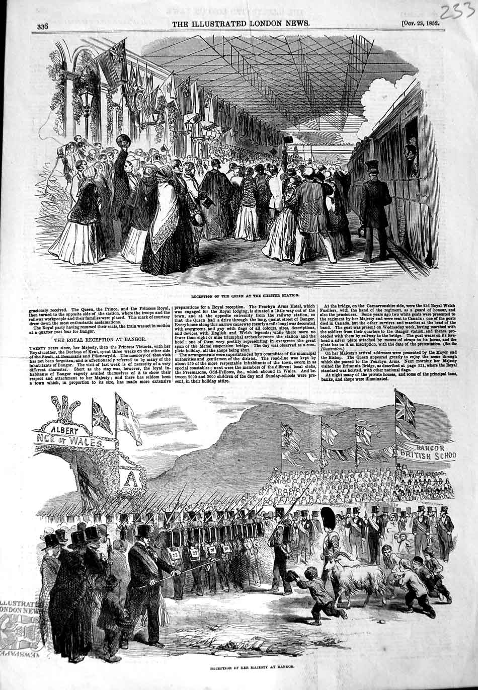Original Old Antique Print 1852 Reception Queen Chester Station Bangor Siers