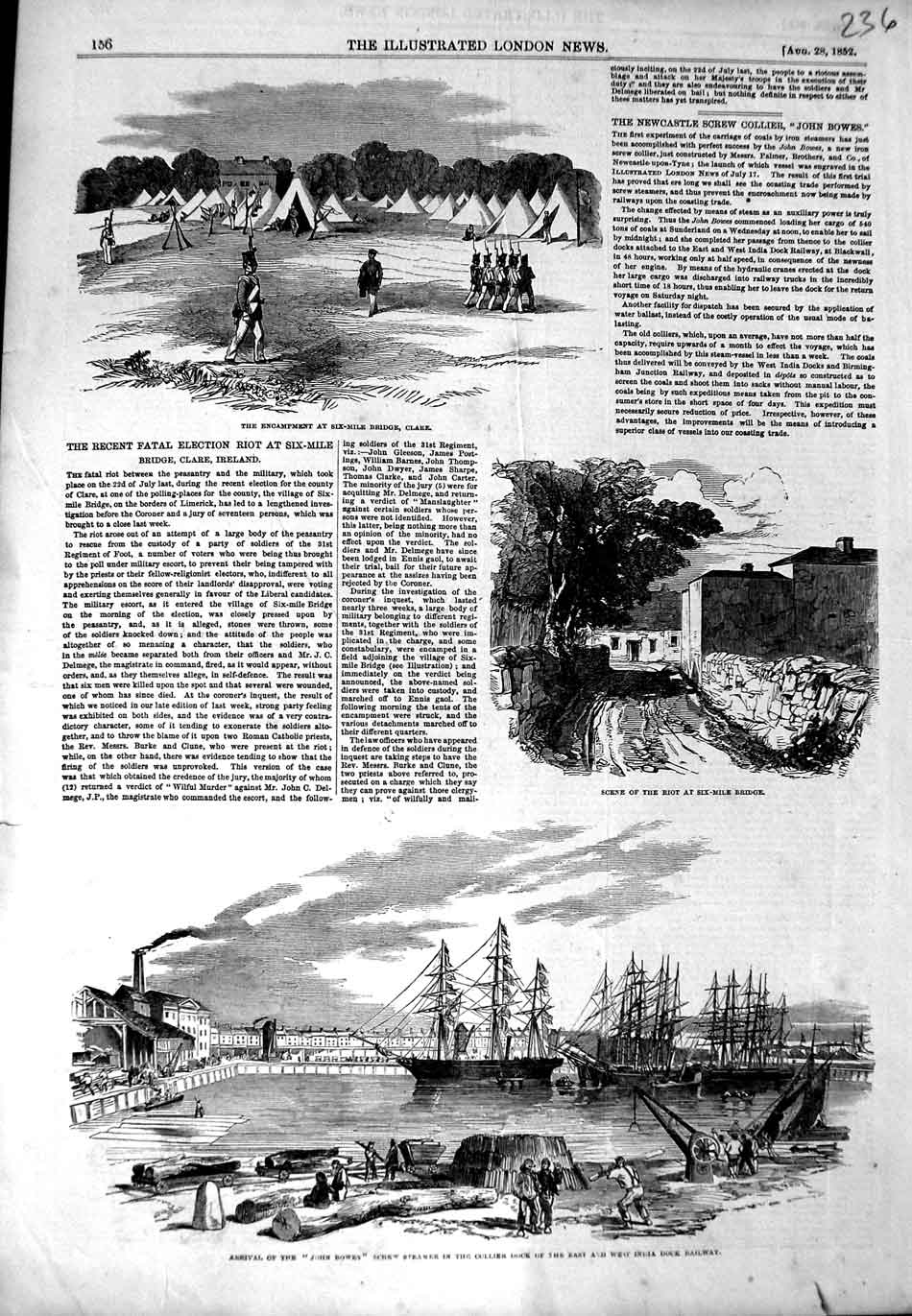 Original Old Antique Print 1852 John Bowes Ship Ireland Riots Bridge Clare Camp