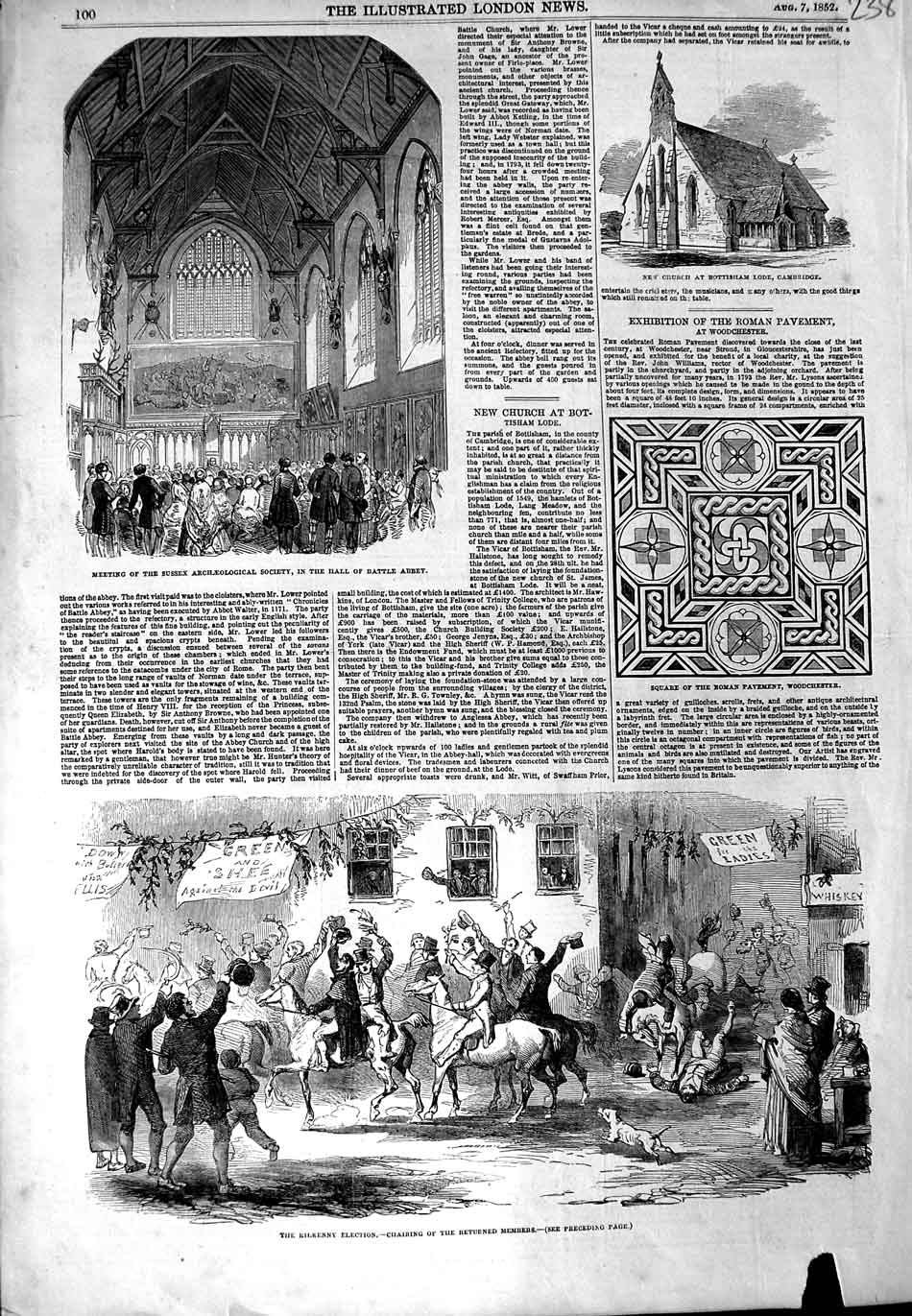 Original Old Antique Print 1852 Church Cambridge Kilkenny Election Battle Abbey