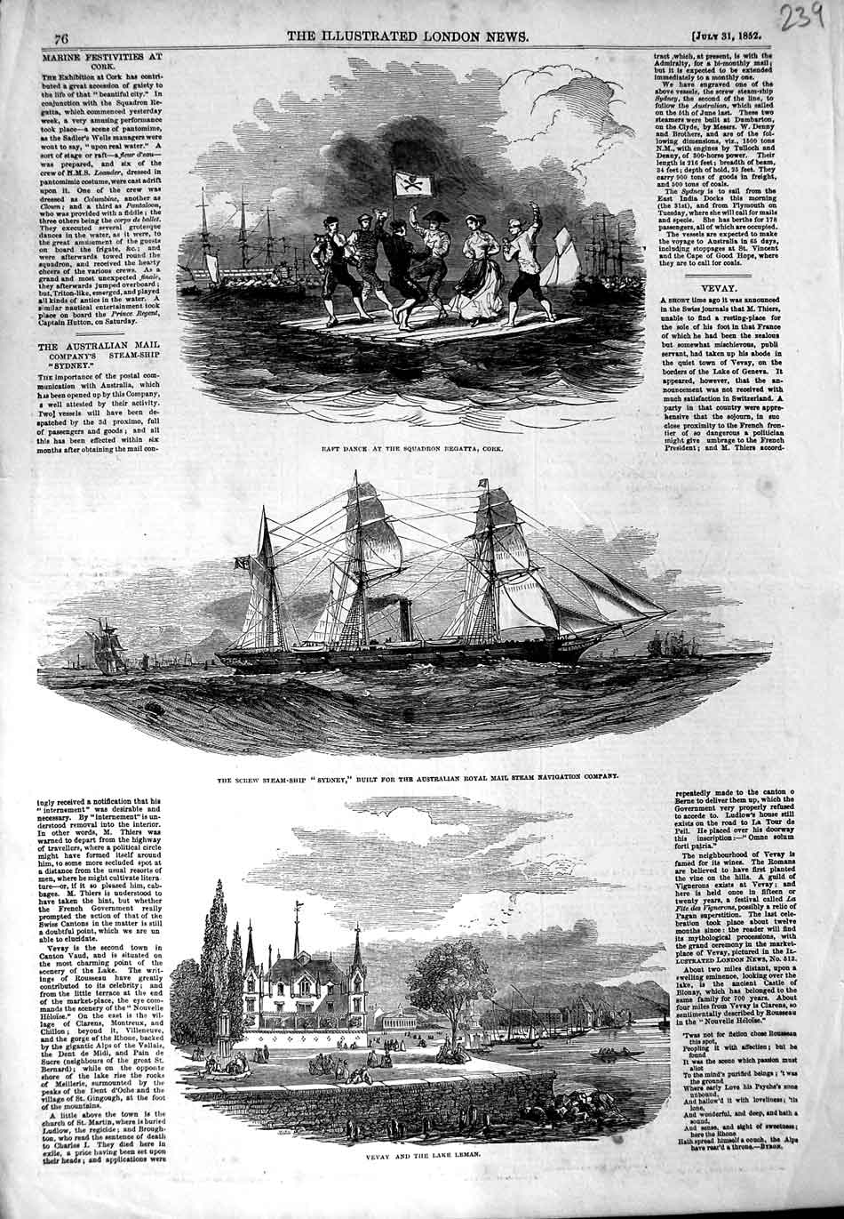Old Antique Print 1852 Raft Race Cork Steam Ship Sydney Vevay Lake Yeman 19th