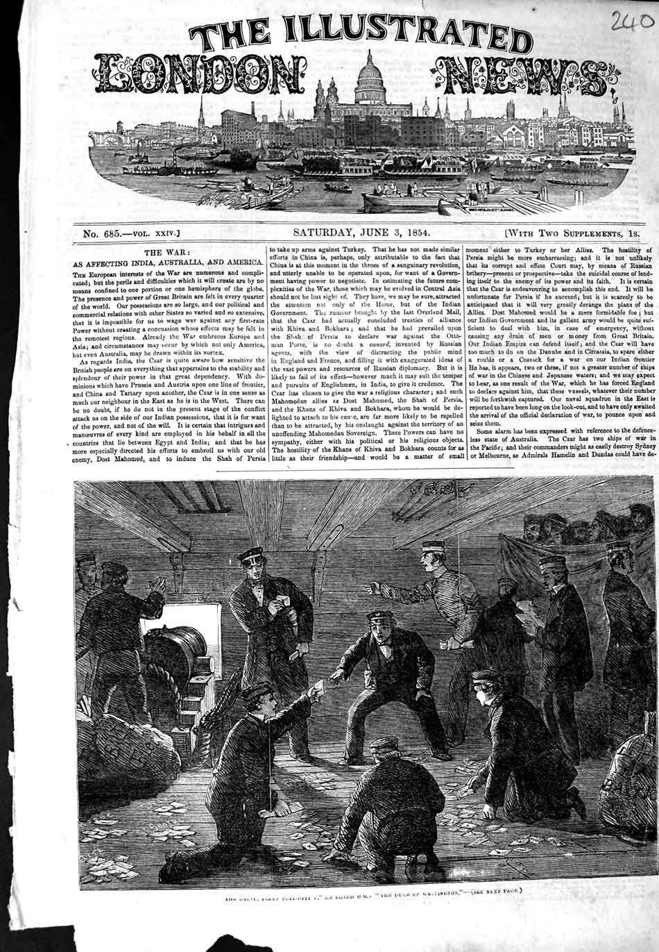 Old Antique Print 1854 Baltic Fleet Post Office Ship Duke Wellington War 19th