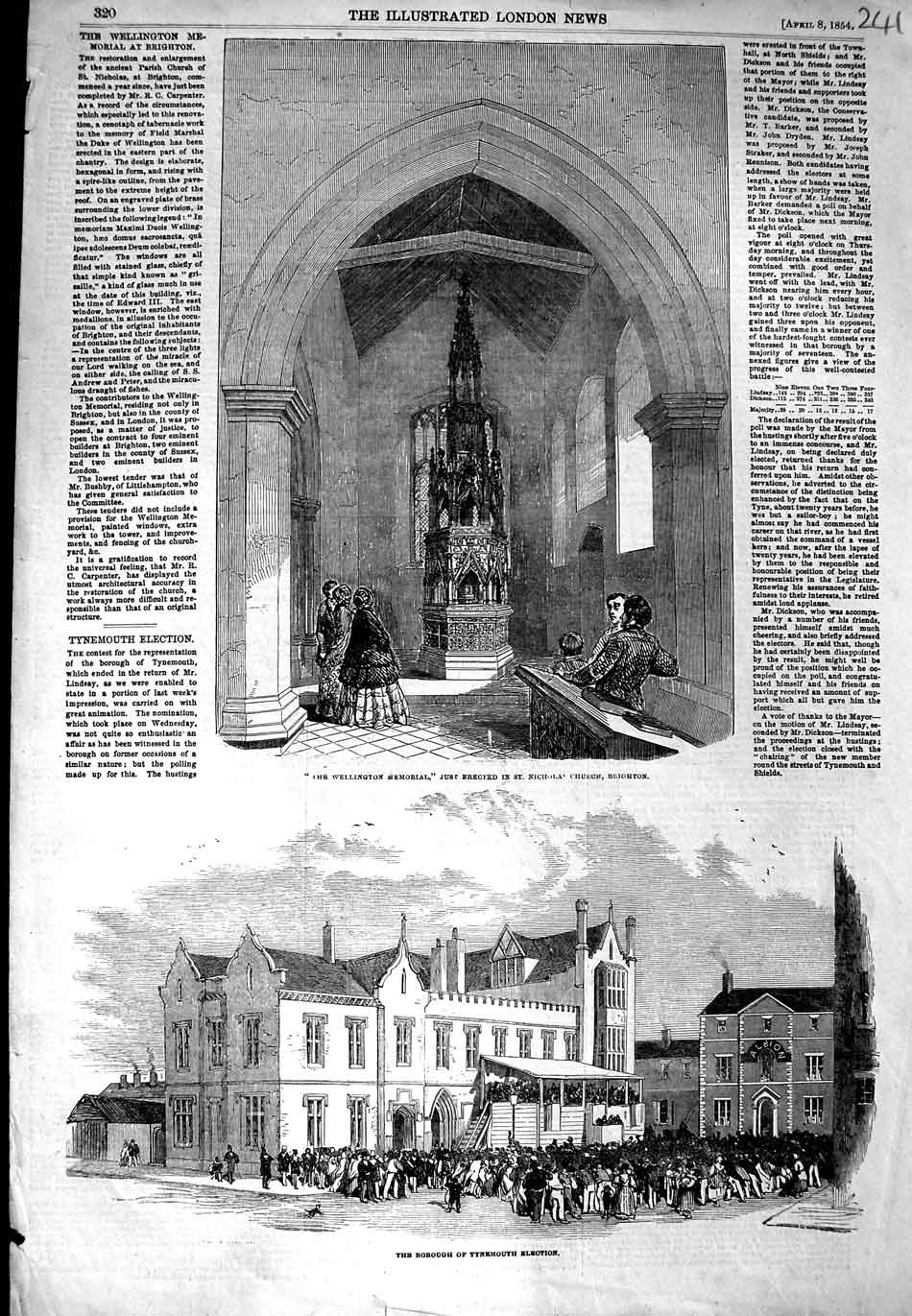 Original Old Antique Print 1854 Wellington Church Brighton Tynemouth Election