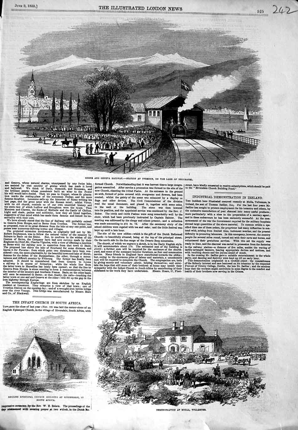 Original Old Antique Print 1855 Berne Geneva Railway Station Yverdun Tullamore