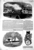 Original Old Antique Print 1855 Fire Chester Grand Stand Schooner Ship Waterloo