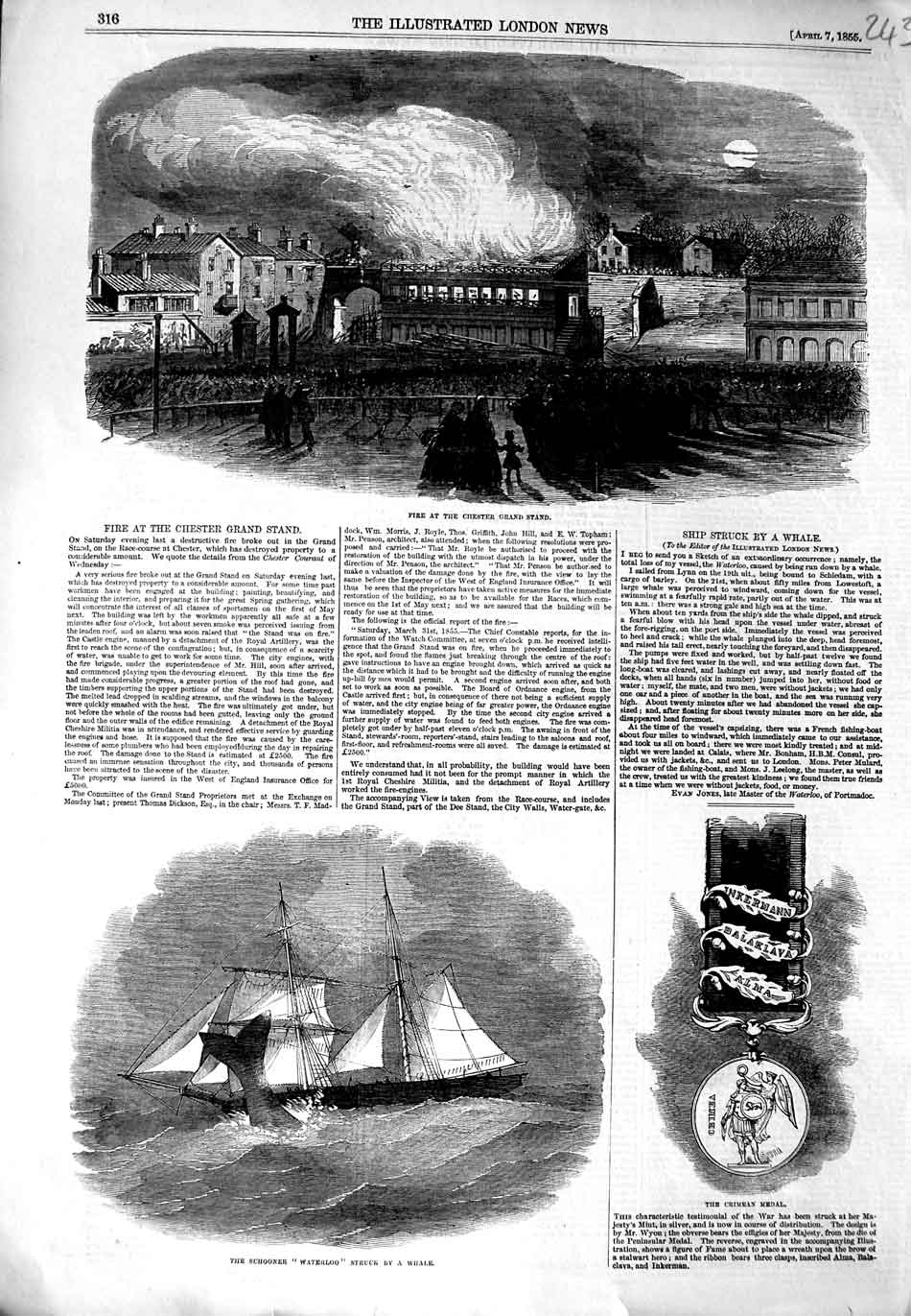 Original Old Antique Print 1855 Fire Chester Grand Stand Schooner Ship Waterloo