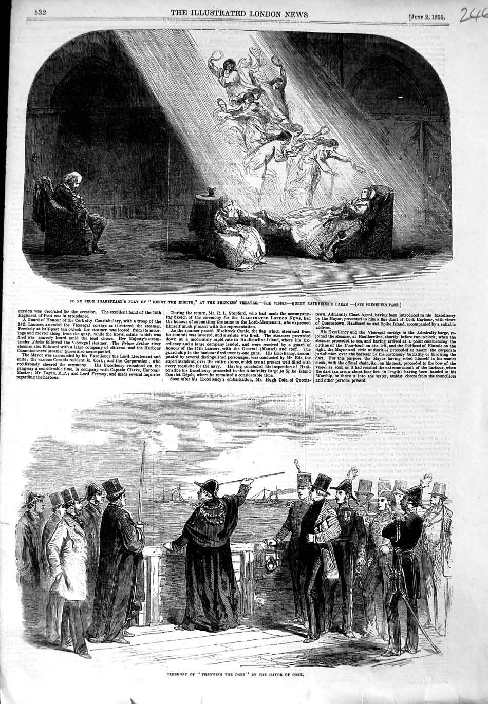 Original Old Antique Print 1855 Shakspeare Play Theatre Henry Eighth Mayor Cork