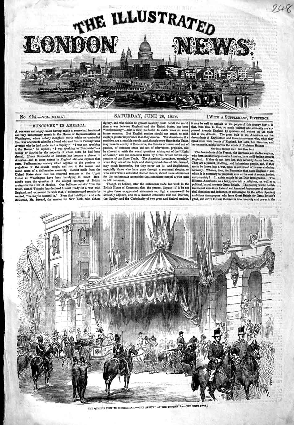 Original Old Antique Print 1858 Queen Birmingham Carriage Arriving Townhall