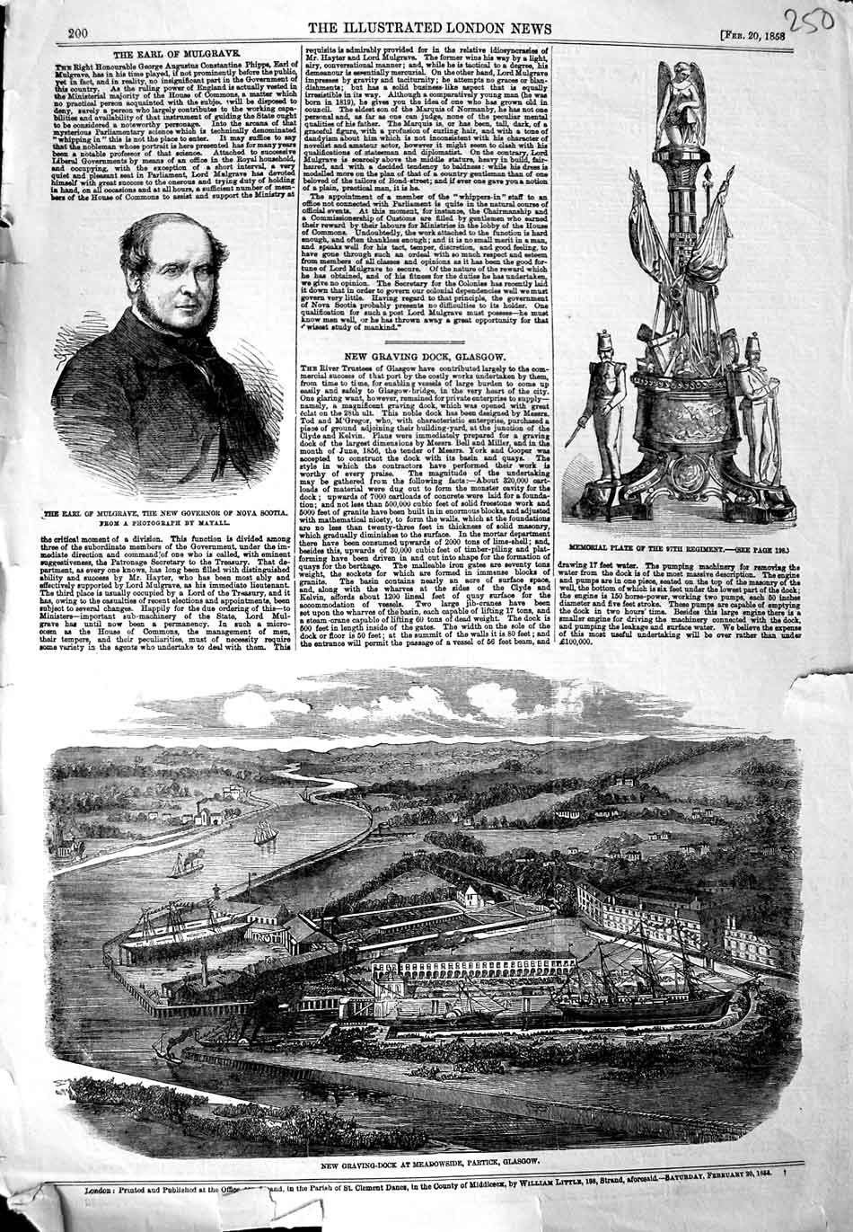 Original Old Antique Print 1858 Earl Mugrave Graving Dock Meadowshire Glasgow