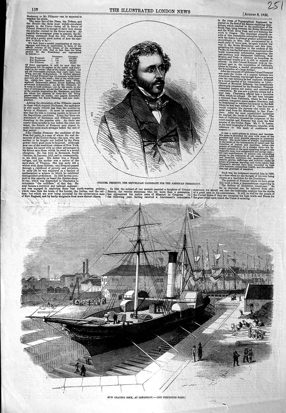 Original Old Antique Print 1856 Colonel Fremont American Graving Dock Lowestoft