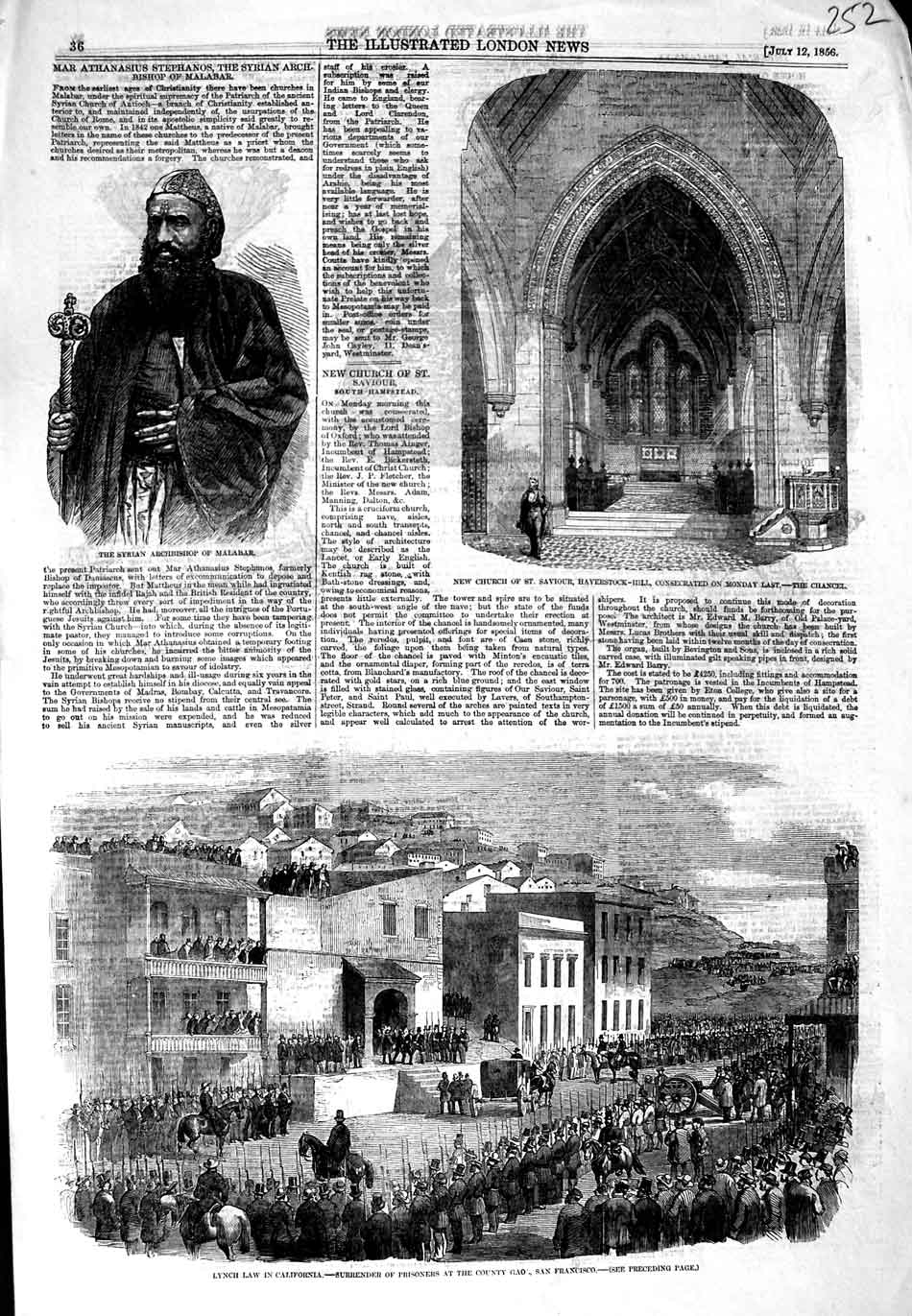 Original Old Antique Print 1856 Lynch Law California Archbishop Malabar Church