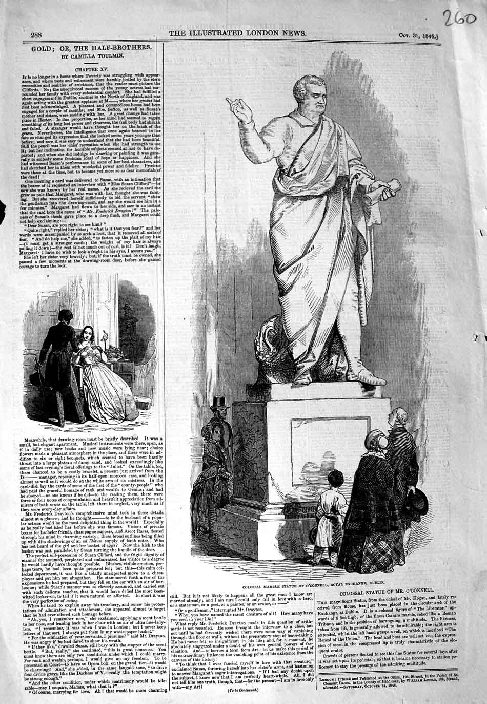 Original Old Antique Print 1846 Colossal Marble Statue O'Connel Exchange Dublin
