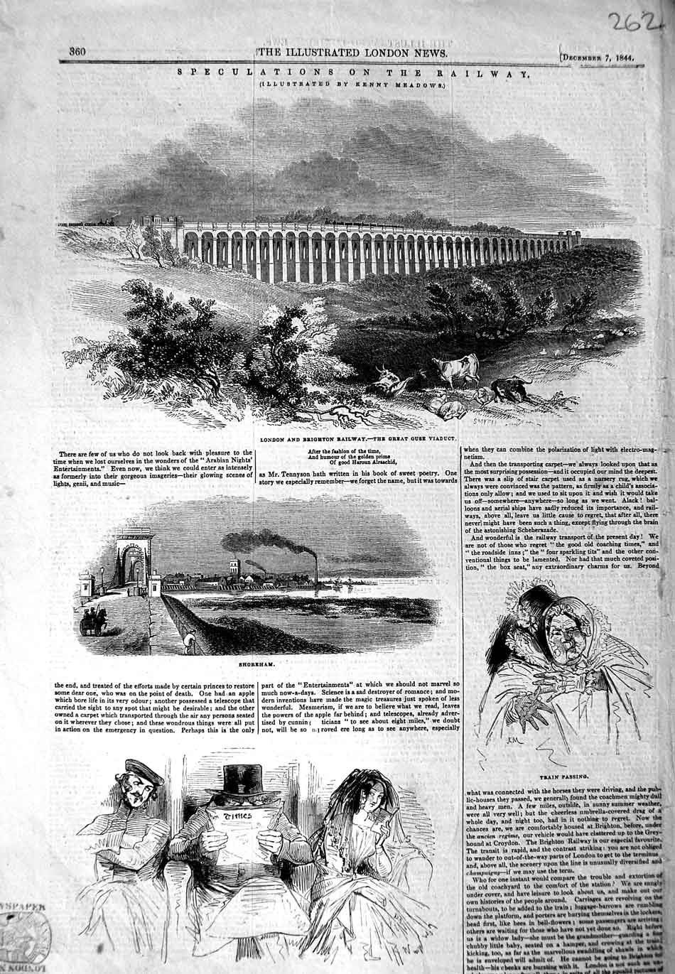 Original Old Antique Print 1844 London Brighton Railway Ouse Viaduct Shoreham