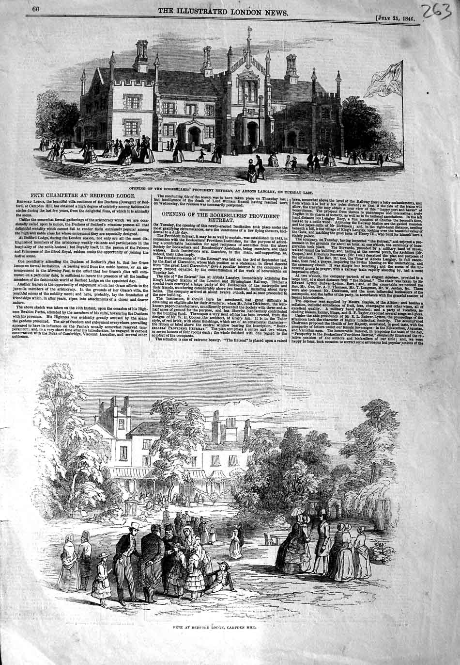 Original Old Antique Print 1846 Fete Bedford Lodge Campden Hill Abbots Langley