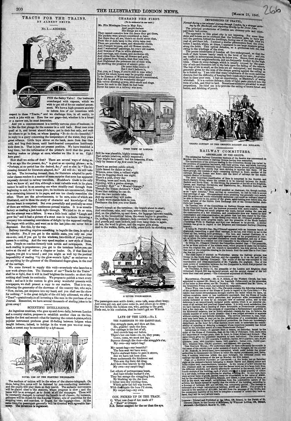 Original Old Antique Print 1846 Train London Electric Telegraph Omnibus River