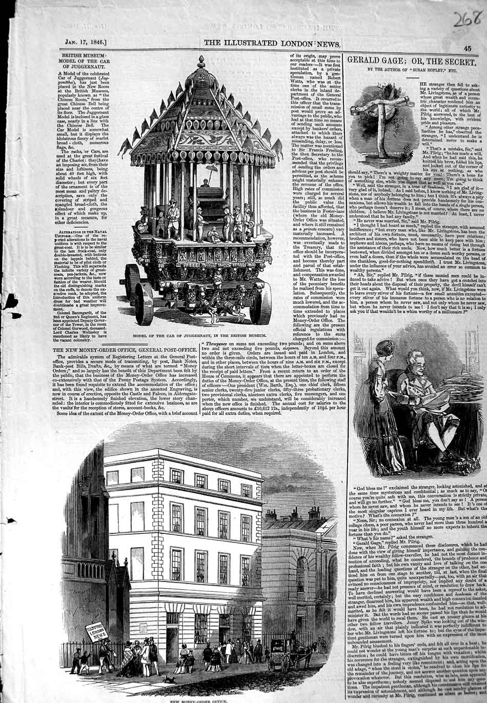 Old Antique Print 1846 Money-Order Office British Museum Juggernaut Car 19th