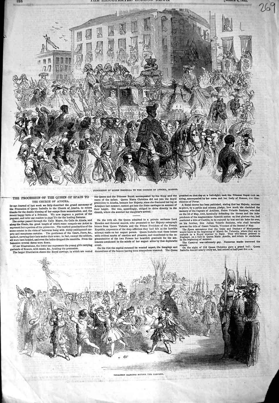 Old Antique Print 1852 Queen Isabella Spain Church Atocha Madrid Children 19th